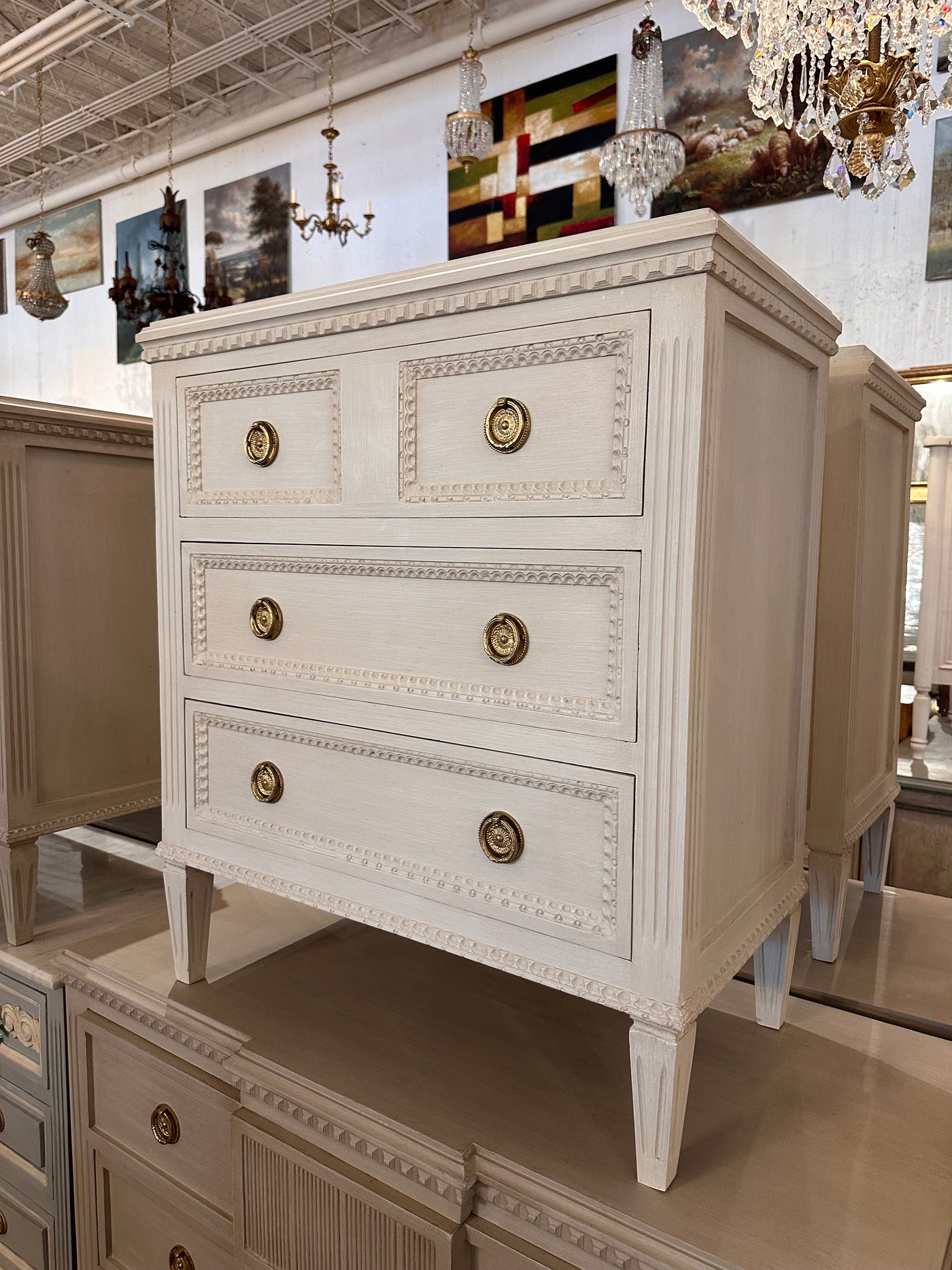 White Swedish Nightstand with Beaded Trim | Le Chateau | European Luxury Furniture in Atlanta