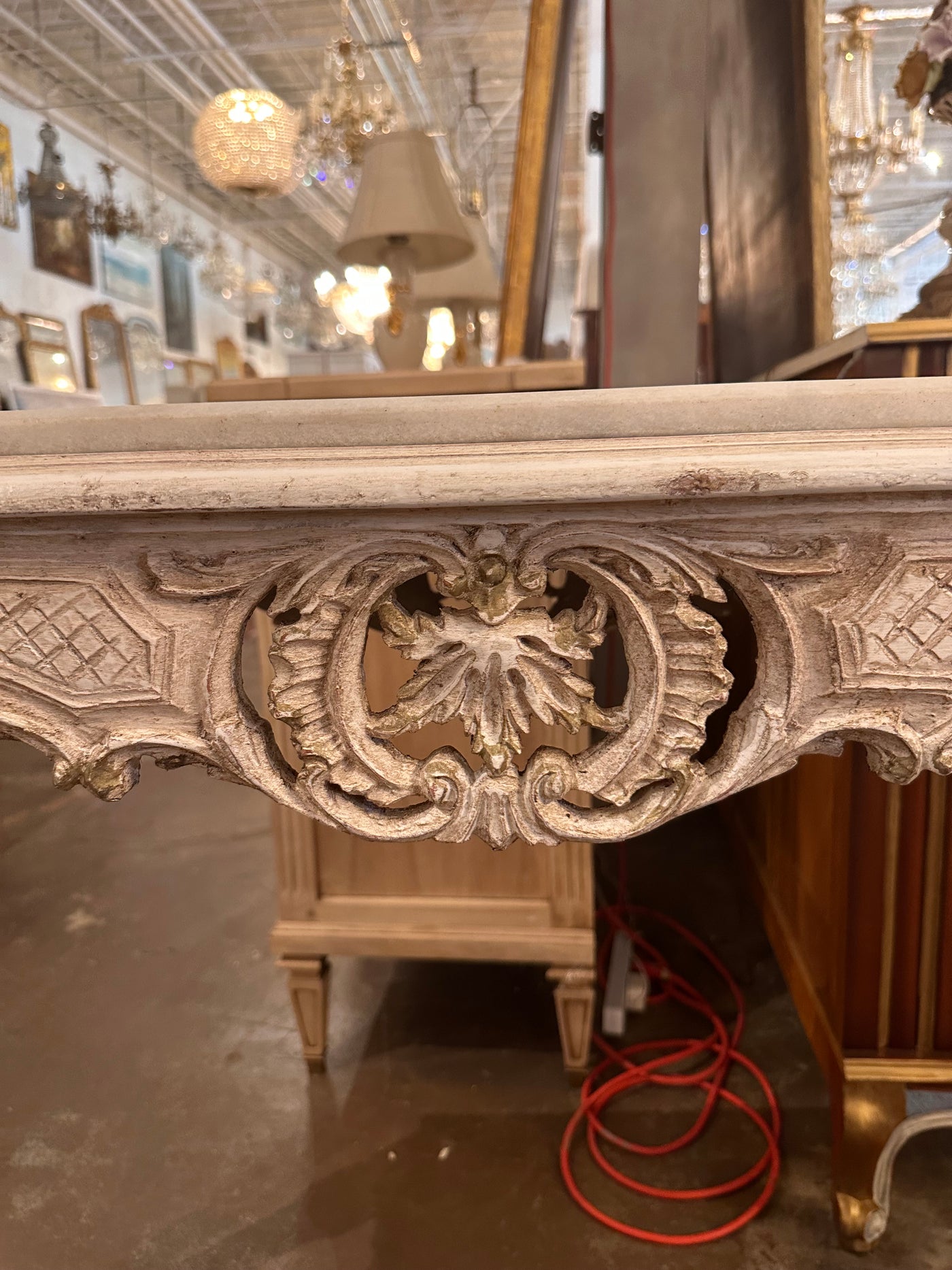 White Louis XVI Marble Top Carving French Console Table | Le Chateau | European Luxury Furniture in Atlanta