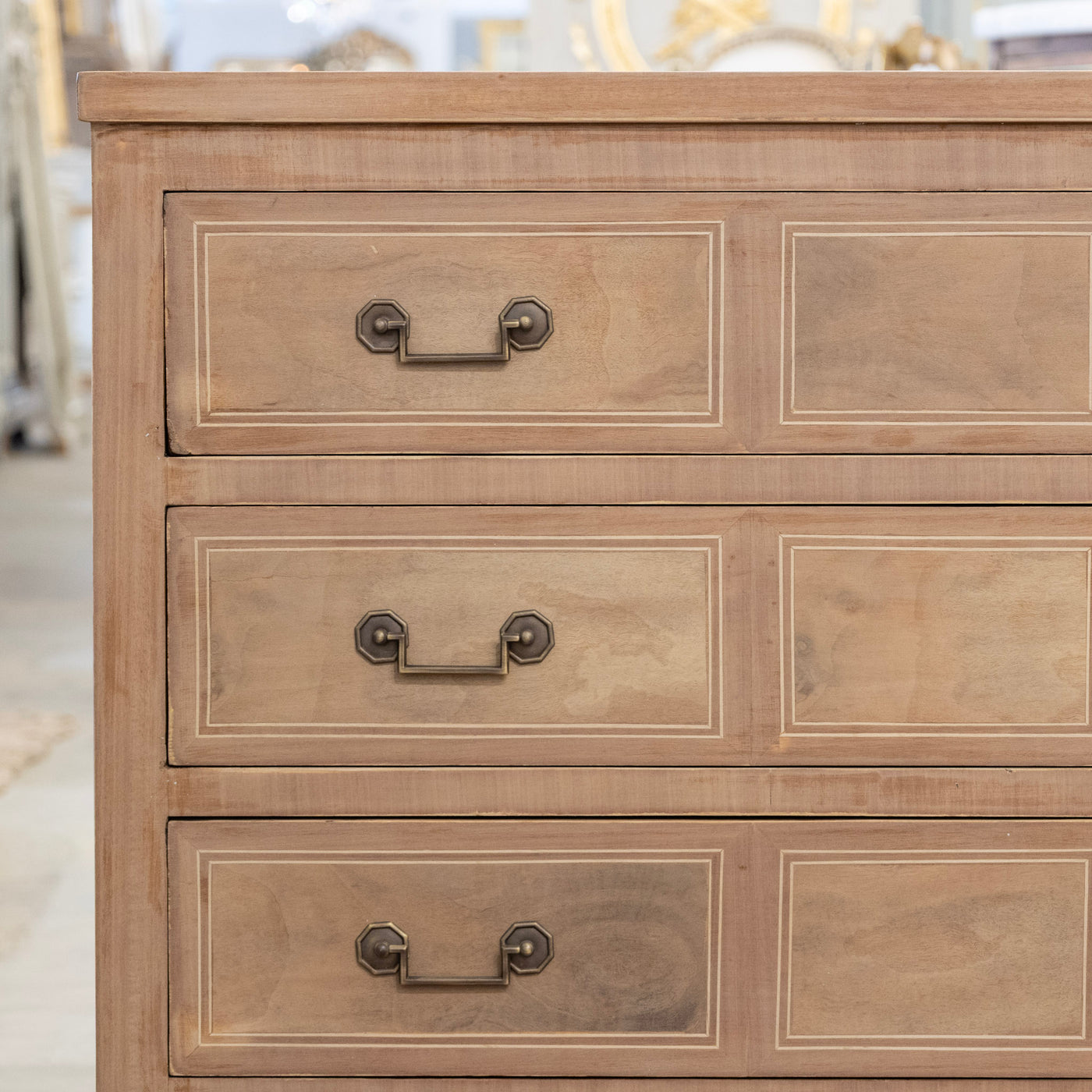 Louis XVI Stripped Burl Wood 3-Drawer Chest - Square Brass Handle
