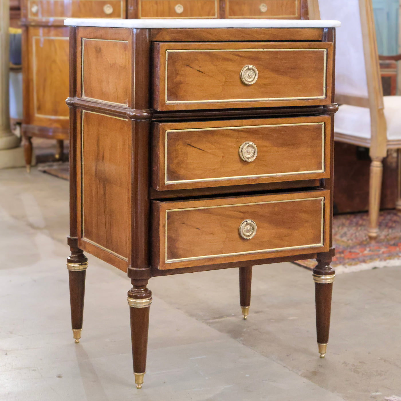 Louis XVI Burl Wood Square Nightstand –Rounded Marble Top & Brass Pulls