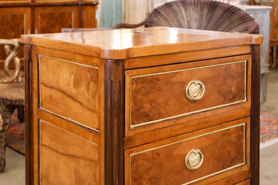 Louis XVI Burl Wood Nightstand with Rounded Wood Top & Large Brass Pulls