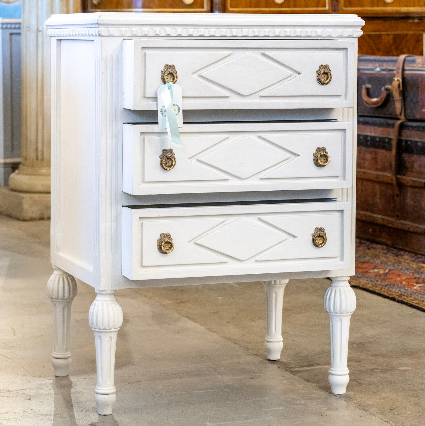 Swedish 3-Drawer Nightstand – Diamond Trim & Fluted Ballerina Legs in White