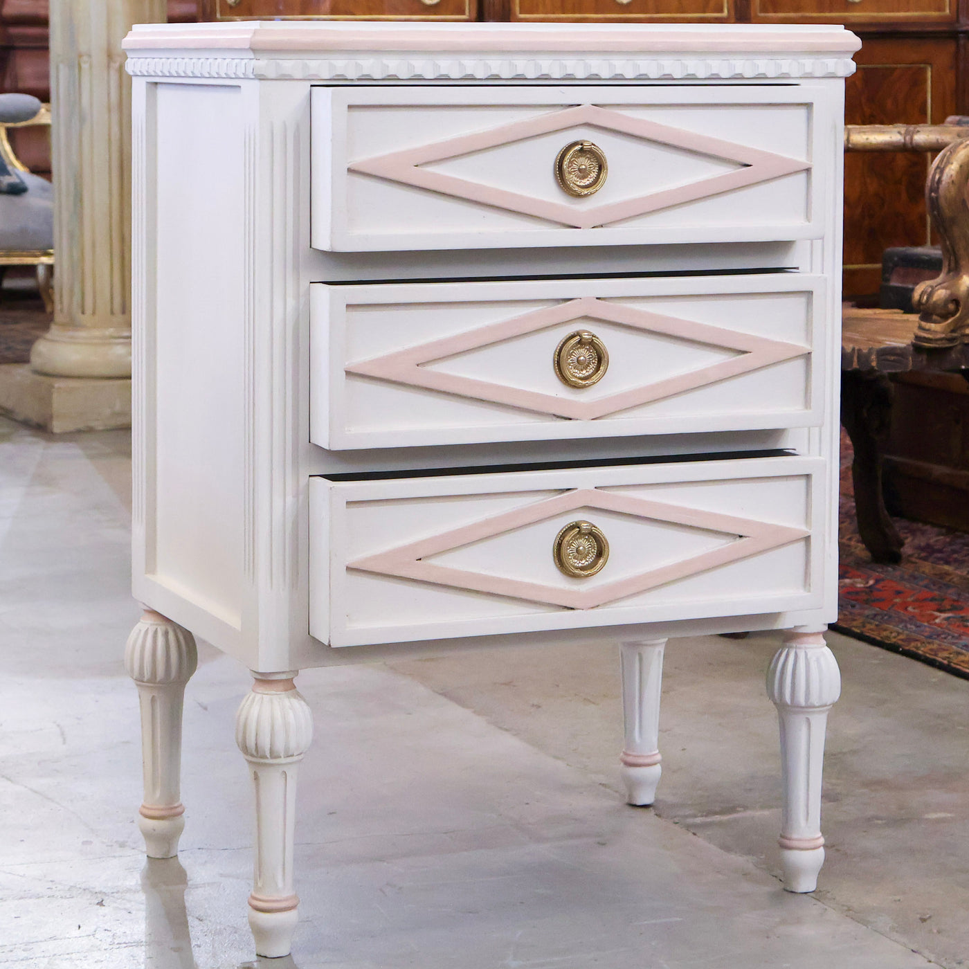 Swedish 3-Drawer Nightstand – Pink Diamond Trim & Ballerina Legs