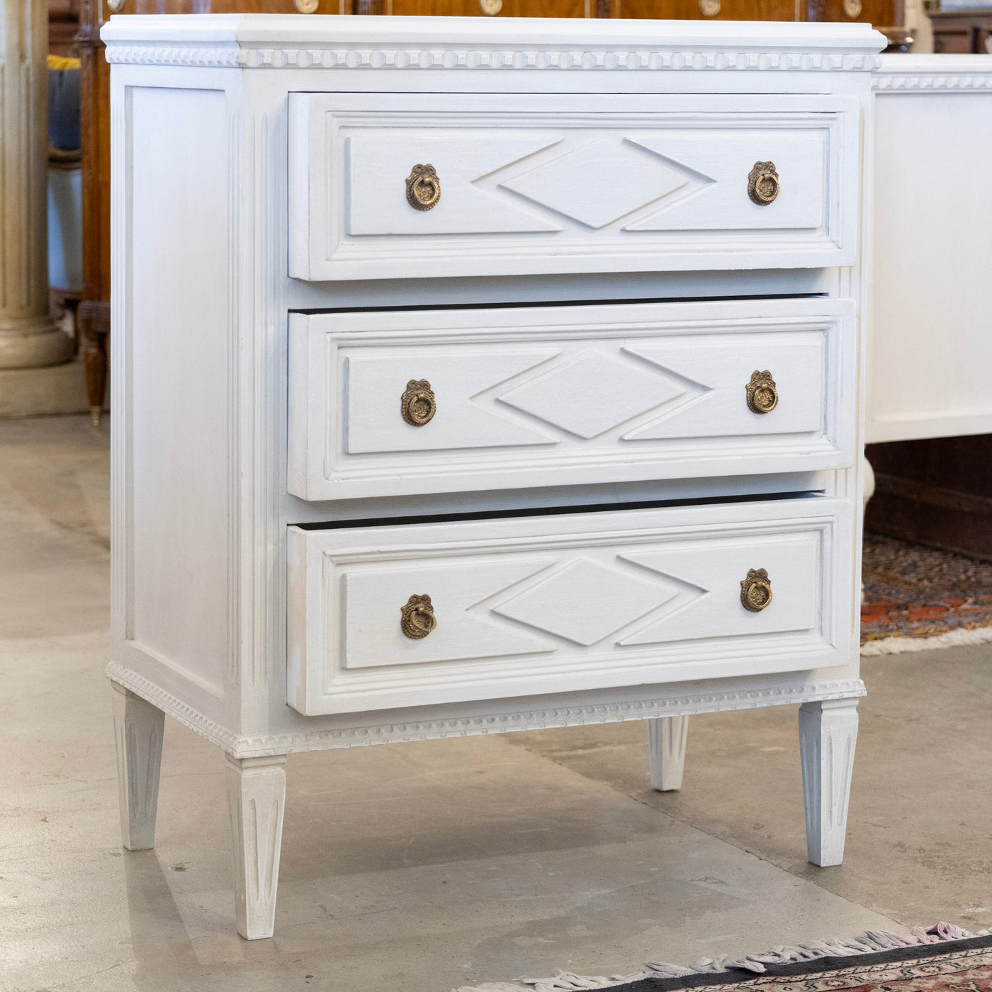 Swedish 3-Drawer Nightstand – Diamond Trim & Tapered Legs