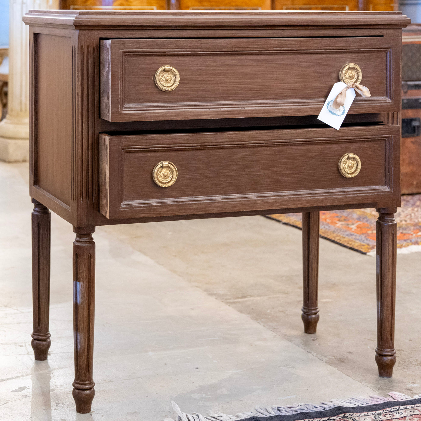 Swedish 2-Drawer Nightstand –  Brass Pulls & Tall Fluted Legs in Brown