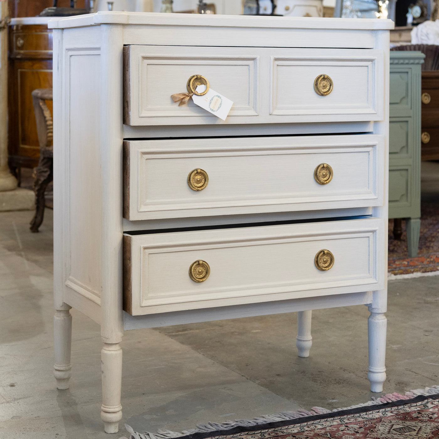 Swedish 3 Drawer Nightstand with Rounded Corners in White