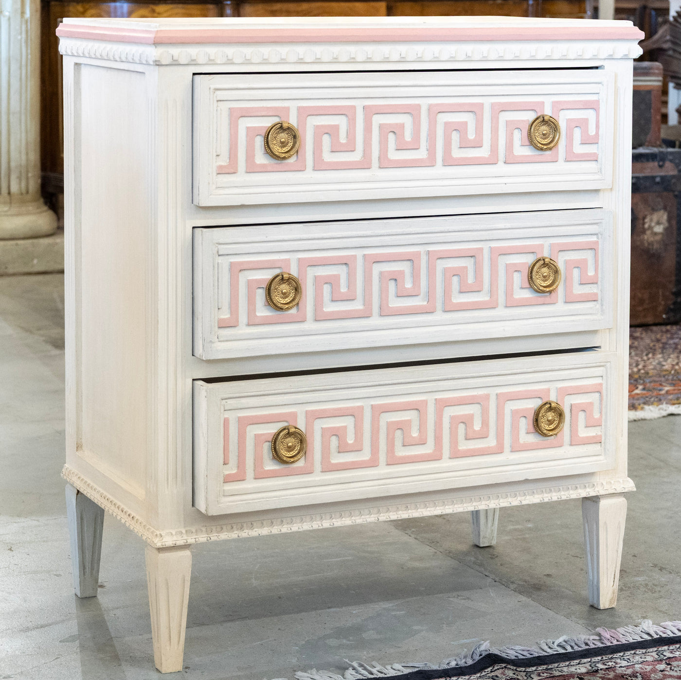 Swedish 3-Drawer Chest – Pink Greek Key Detailing & Beaded Trim in White