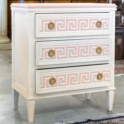 Swedish 3-Drawer Chest – Pink Greek Key Detailing & Beaded Trim in White