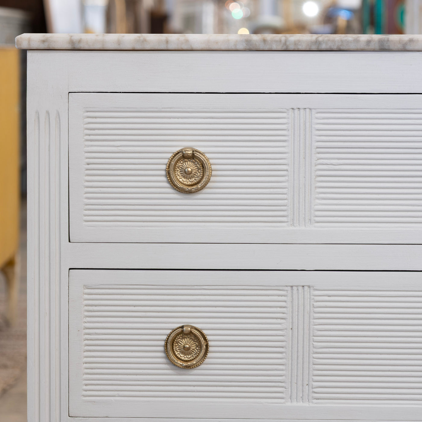 Swedish 3-Drawer Dresser – Reeded Drawers & Marble Top in Dove White