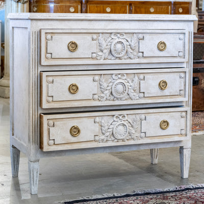 Swedish 3-Drawer Chest – Closed Block Carved Wreath Trim Detailing in Distressed Grey Finish