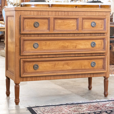 Louis XVI 3-Drawer Dresser – Honey Burl Wood Finish & Large Ring Pulls