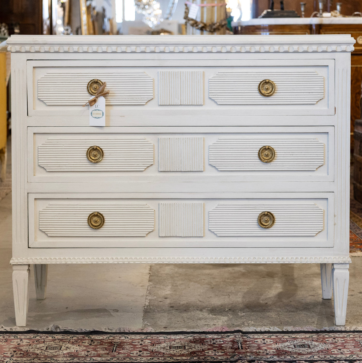 Swedish 3-Drawer Dresser – Reeded Drawer Trim & Tapered Legs in White