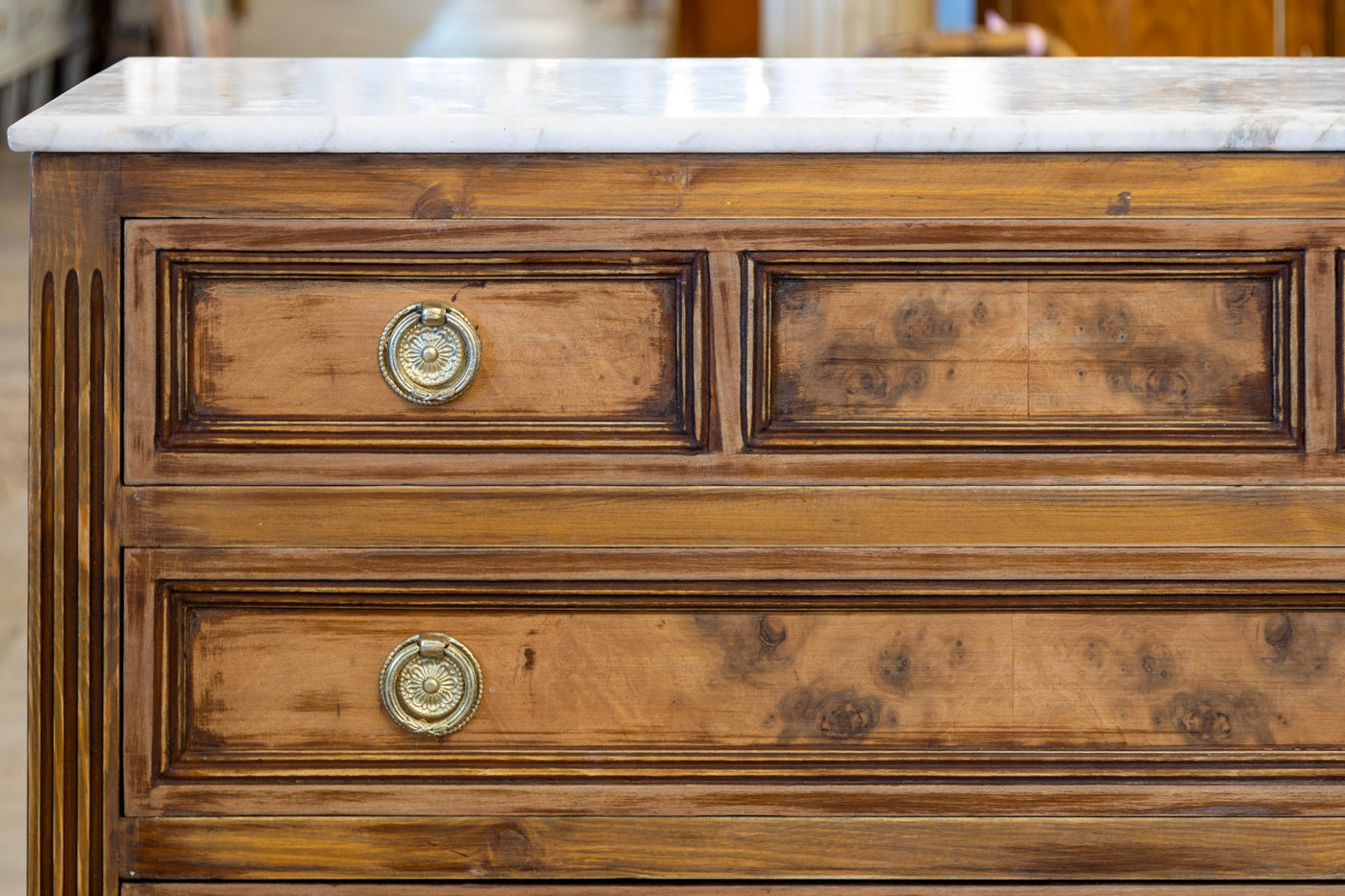 Louis XVI 3-Drawer Dresser – Honey Burl Wood & Marble Top