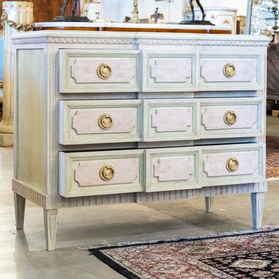 Swedish 3-Drawer Dresser – Beveled Drawers & Distressed Pink-Green Finish