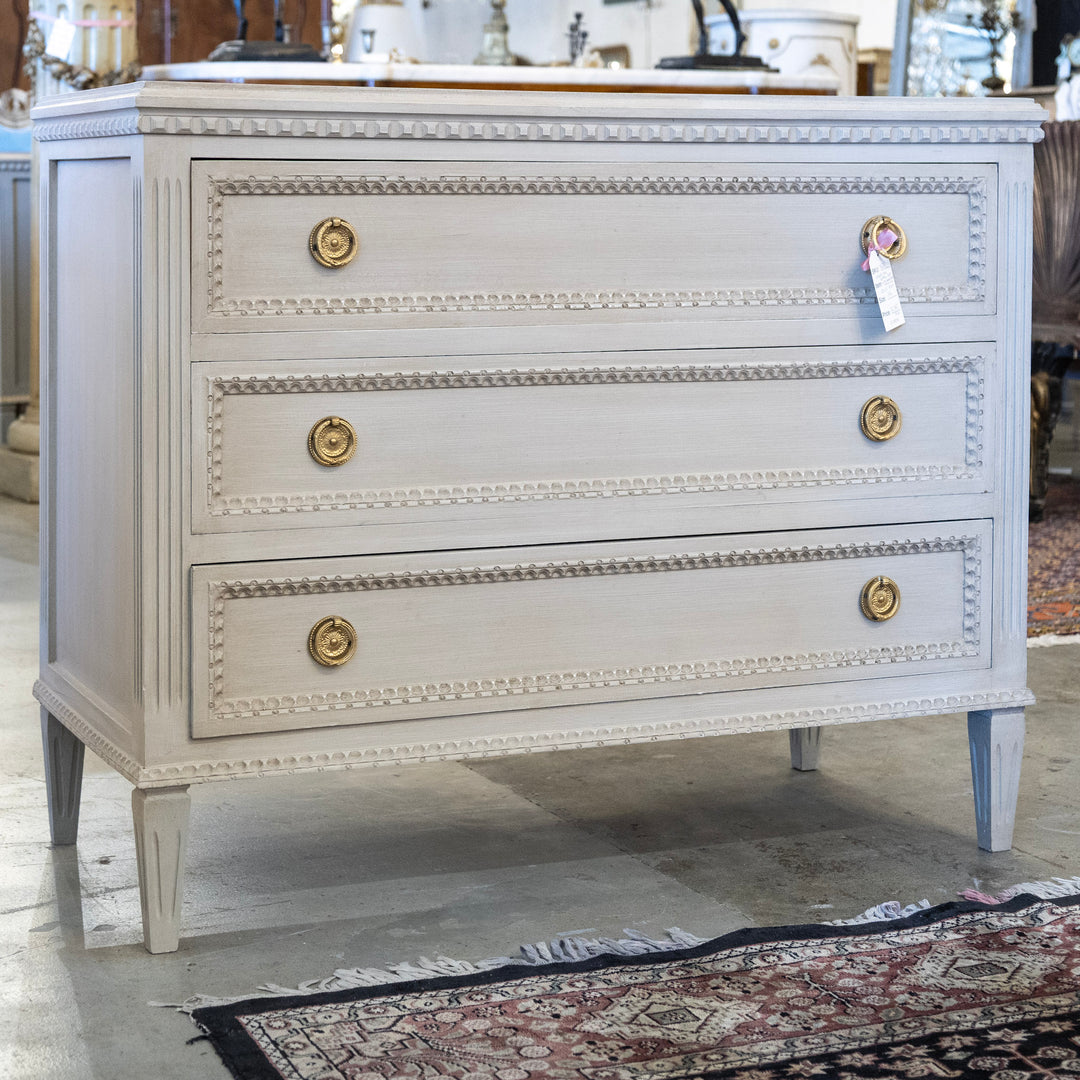 Swedish 3-Drawer Chest Beaded Drawer Trim & Brass Pulls in French Gr Le Chateau Swedish 3-Drawer Chest Beaded Drawer Trim & Brass Pulls in French Gr Le Chateau