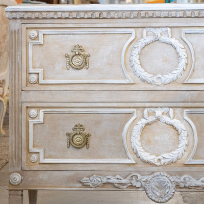 Swedish 2-Drawer Dresser – Open Carved Drawer with Wreath Detailing and Distressed Apricot Finish