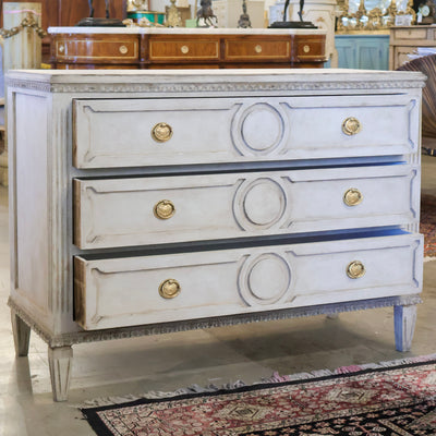 Swedish 3-Drawer Dresser – Open Trim Circular Detail & Large Brass Pulls in Textured Grey