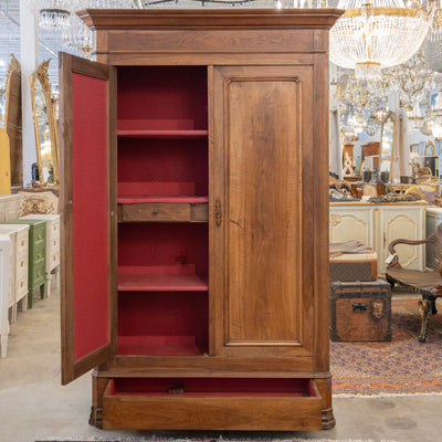 Louis Philippe Walnut Armoire – Original Red Fabric Interior with Shelves & Lower Drawer