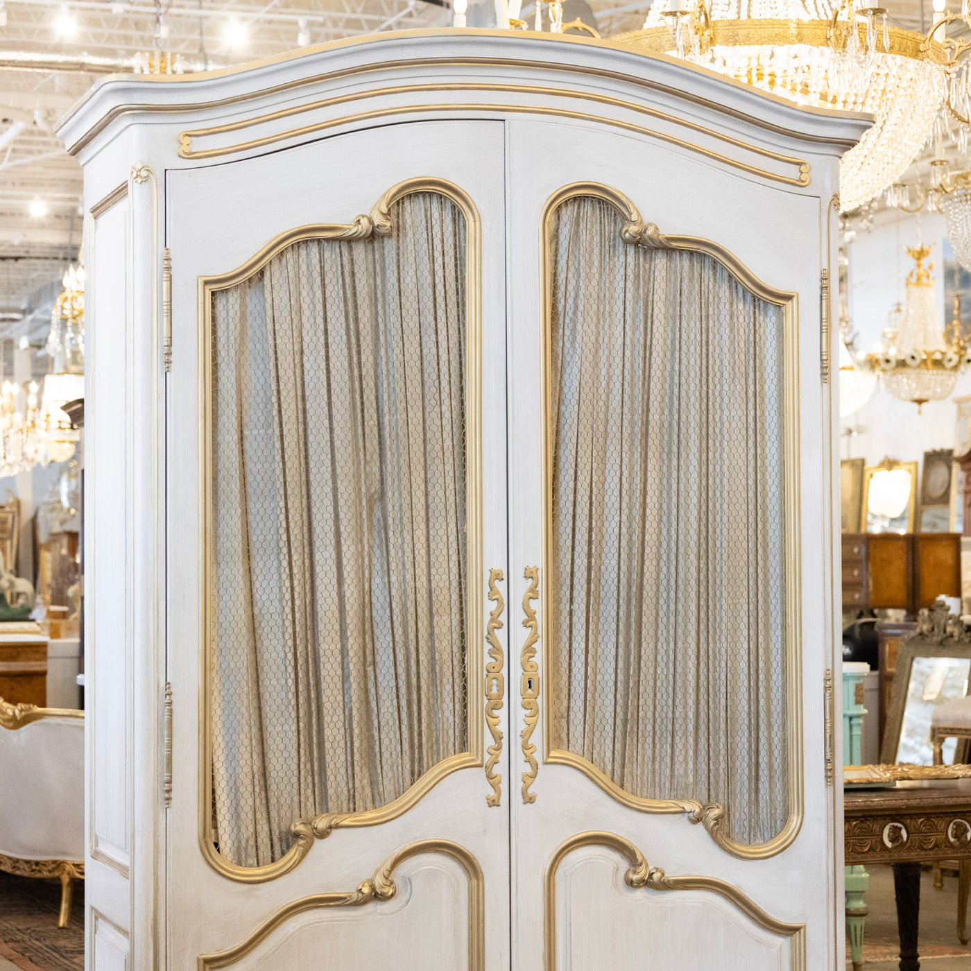 Louis XV Armoire – White Distressed Finish with Gold Trim and Fabric P ...