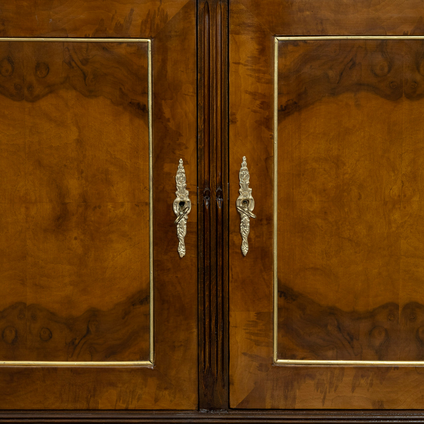 Louis XVI Demilune Sideboard – Burl Wood with Marble Top and Gold Accents