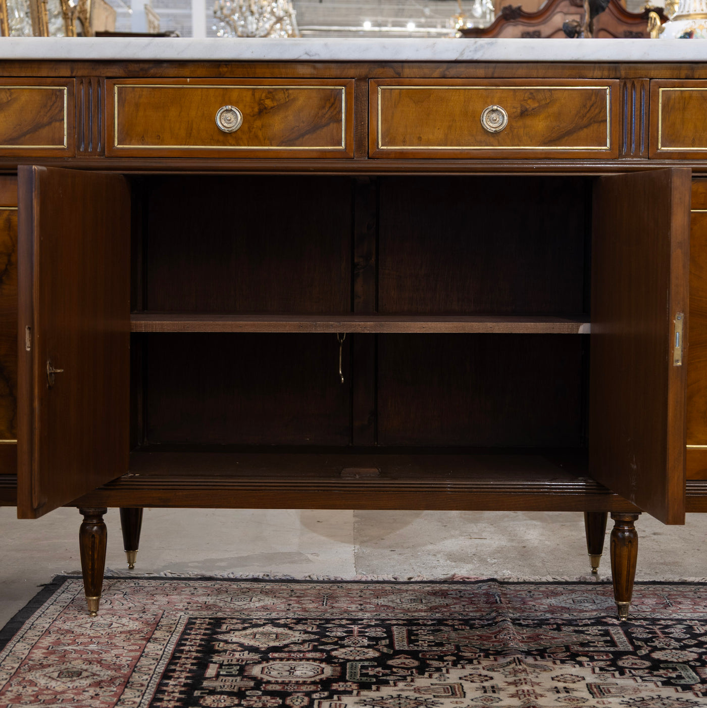 Louis XVI Square Sideboard – Burl Wood & White Marble Top and Gold Trim