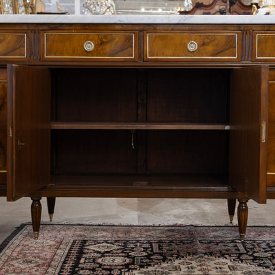 Louis XVI Square Sideboard – Burl Wood & White Marble Top and Gold Trim