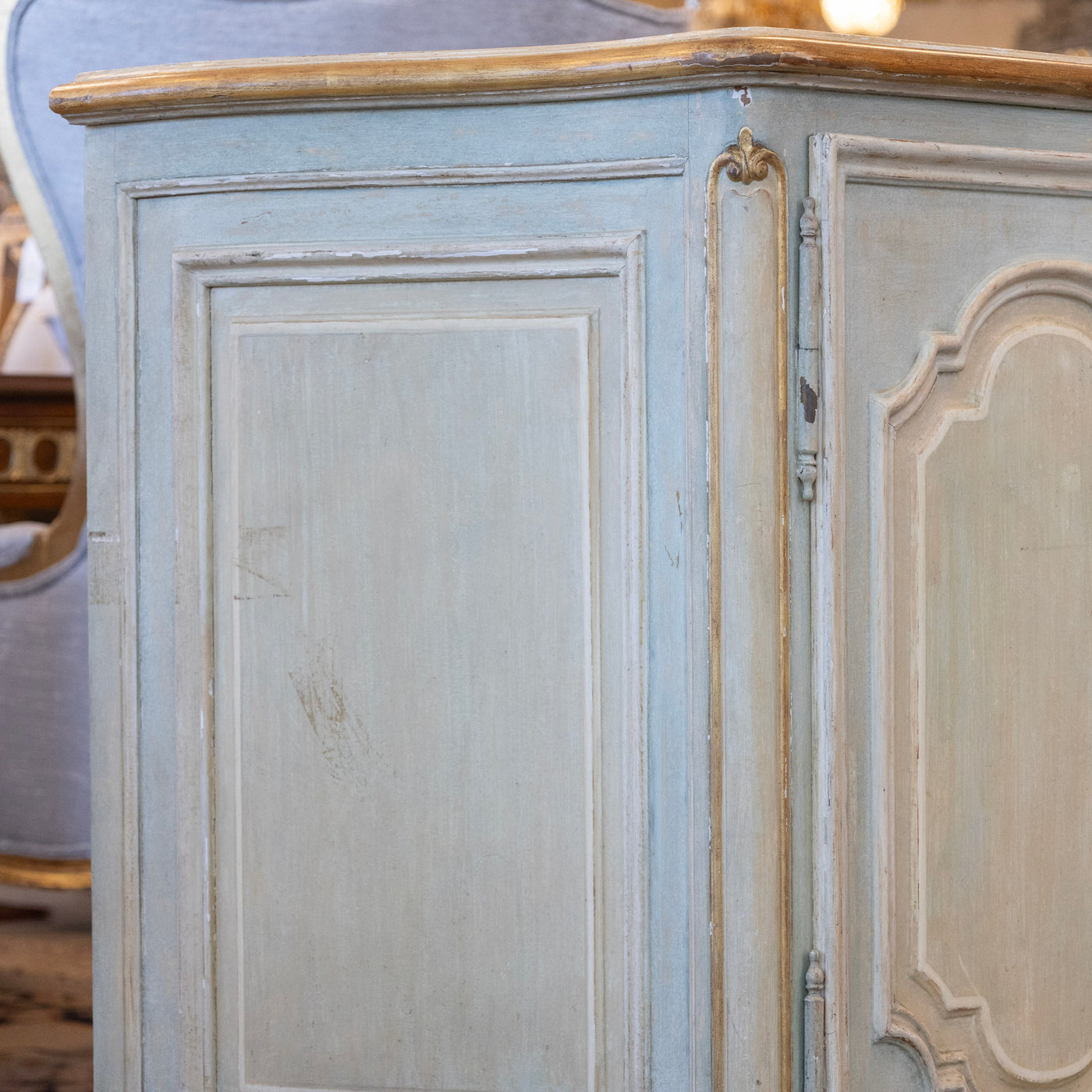 Louis XV Hand-Painted Sideboard – Distressed Finish Blue-Green & Gold Trim