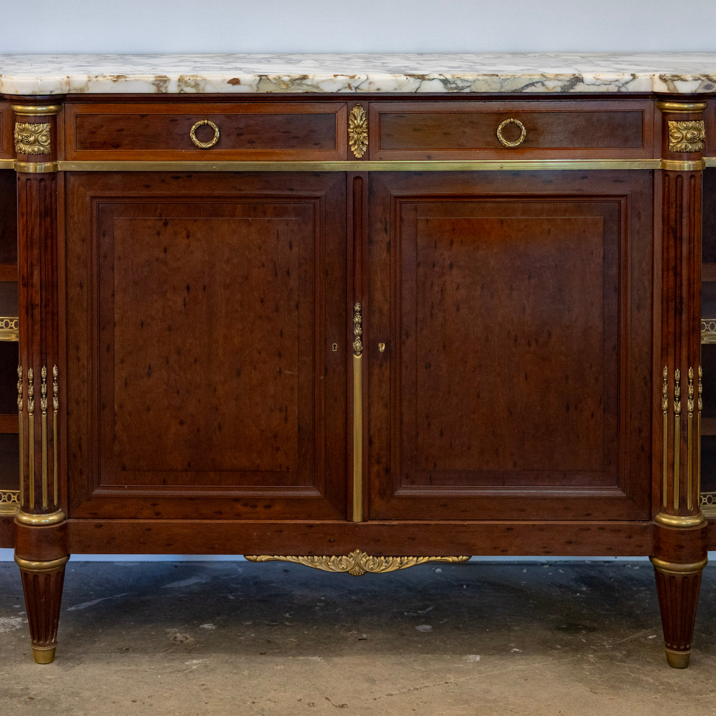 Louis XVI Burl Walnut Demilune Sideboard – Calacatta Vagli Oro Marble Top & Bronze Ormolu