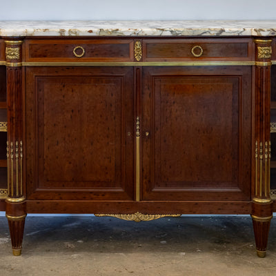 Louis XVI Burl Walnut Demilune Sideboard – Calacatta Vagli Oro Marble Top & Bronze Ormolu