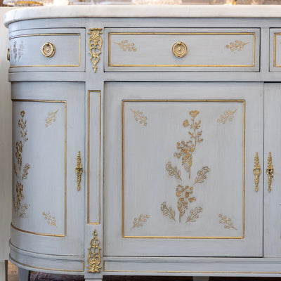 Louis XVI Blue Hand Painted Sideboard – Gilded Floral Detailing & White Marble Top