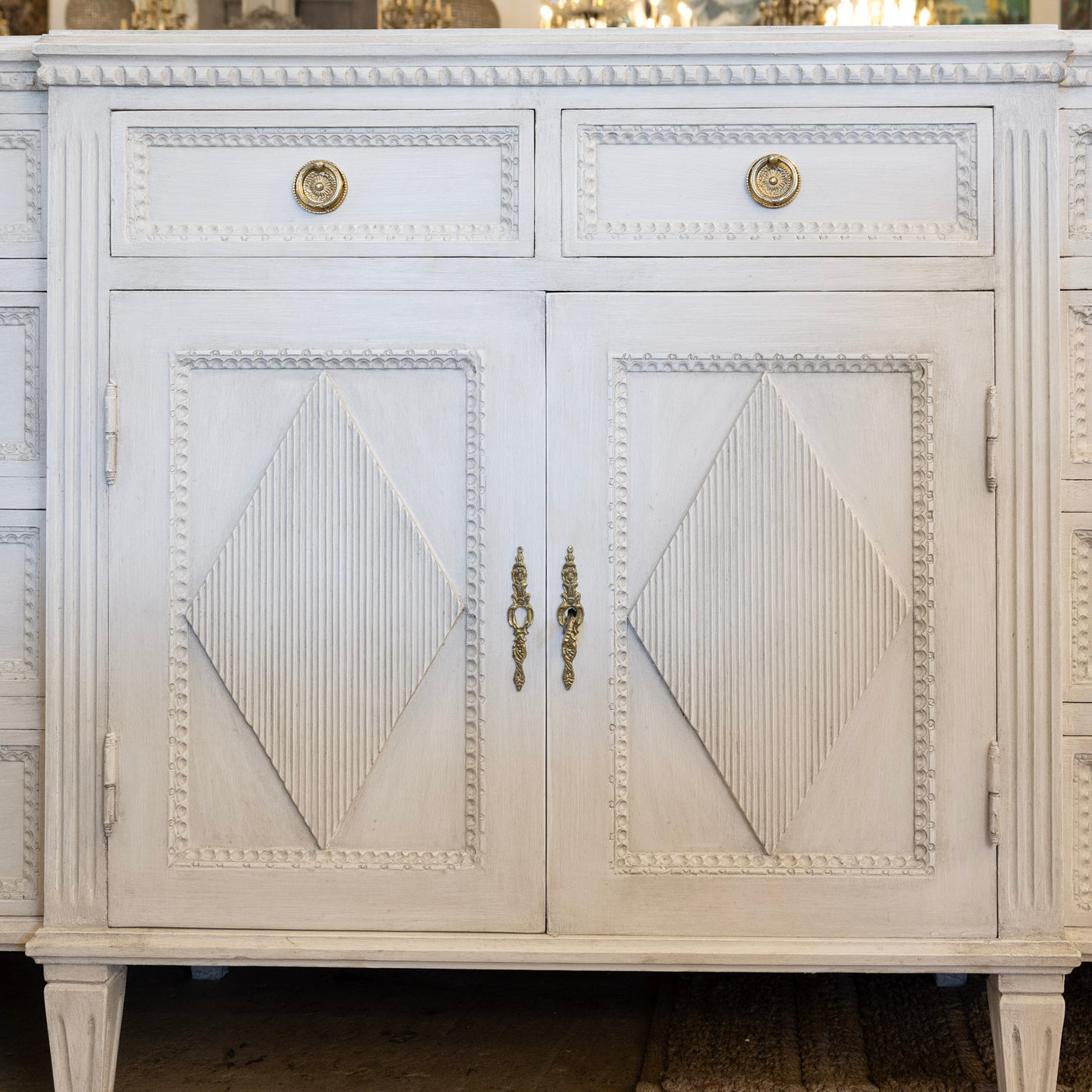 Swedish Diamond Front Buffet – Reeded Trim in Antique White