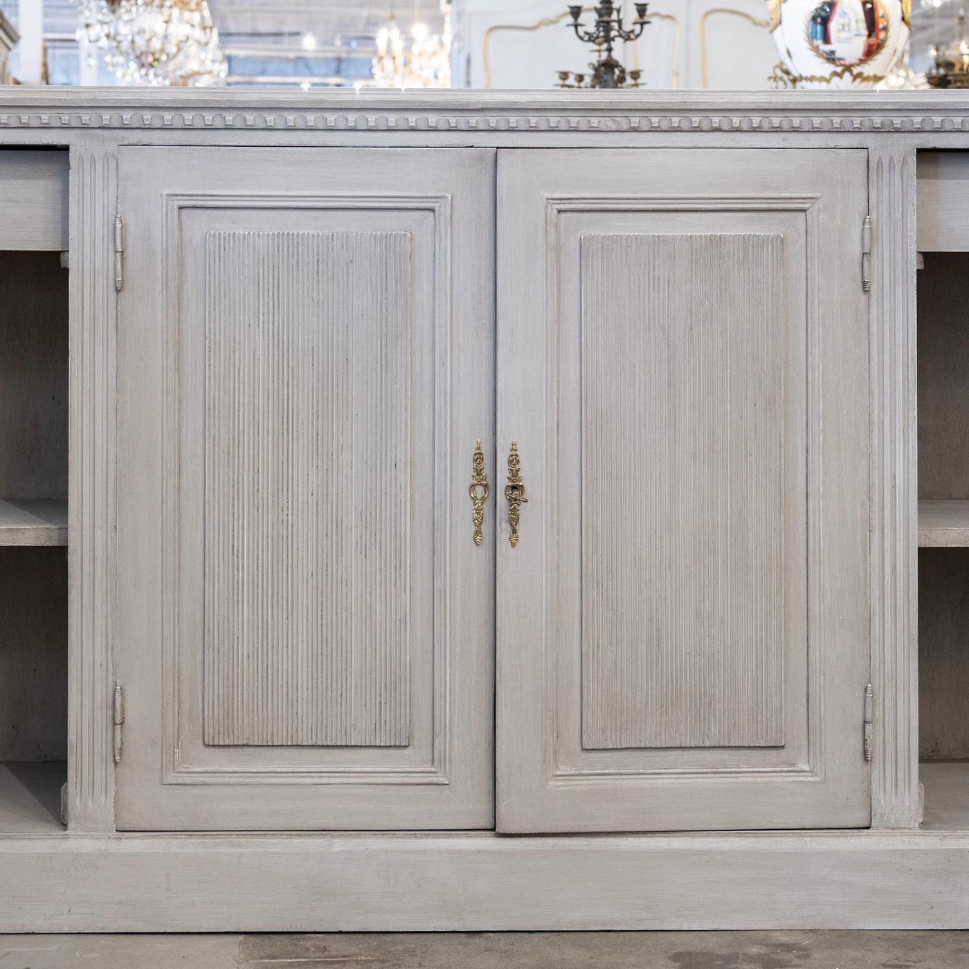 Swedish Painted Grey Sideboard – Reeded Panels & Brass Hardware