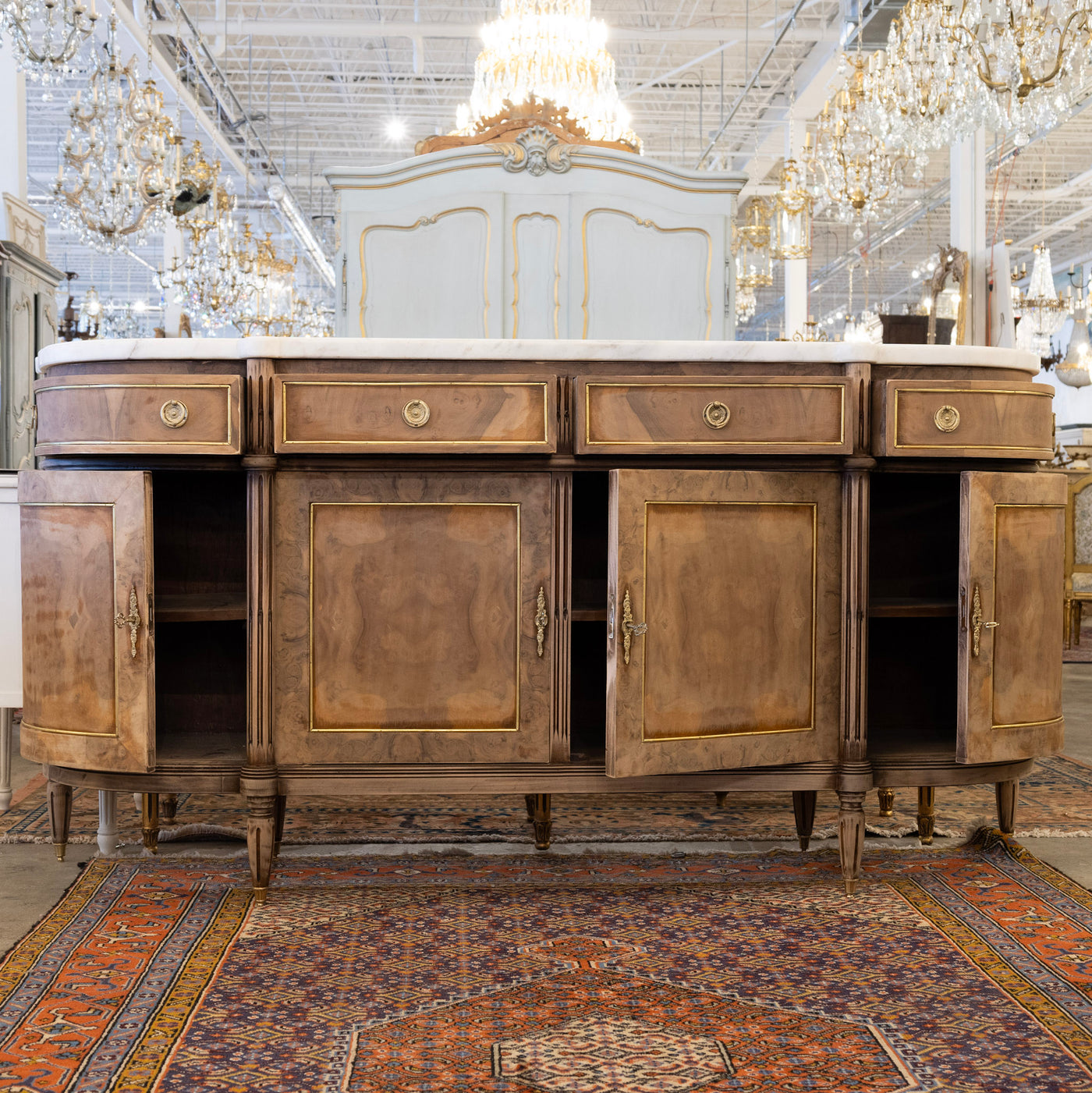 Louis XVI Demilune Sideboard – Stripped Burl Wood with White Marble Top