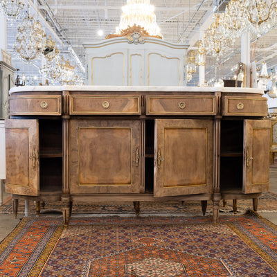 Louis XVI Demilune Sideboard – Stripped Burl Wood with White Marble Top
