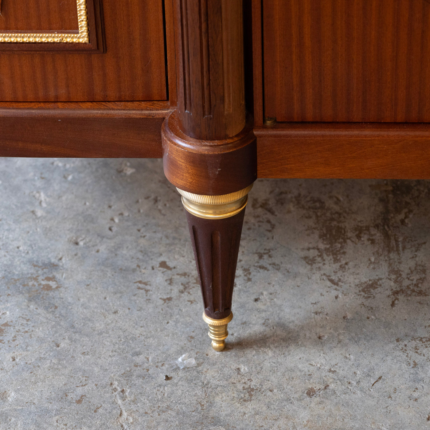 Louis XVI Burl Wood Demilune Sideboard – Gilded Bronze Accents & White Marble Top