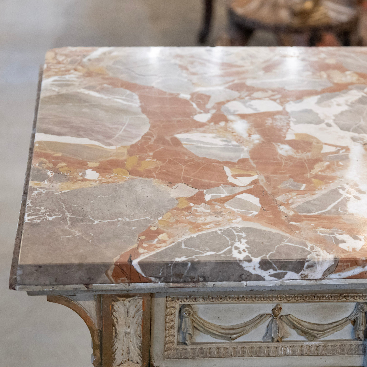 Louis XVI Sage Green Gilded Sideboard – Musical Ribbon Carvings & Breccia Marble Top