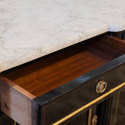 Louis XVI Black Lacquer Sideboard – Gold Inaly & White Marble Top