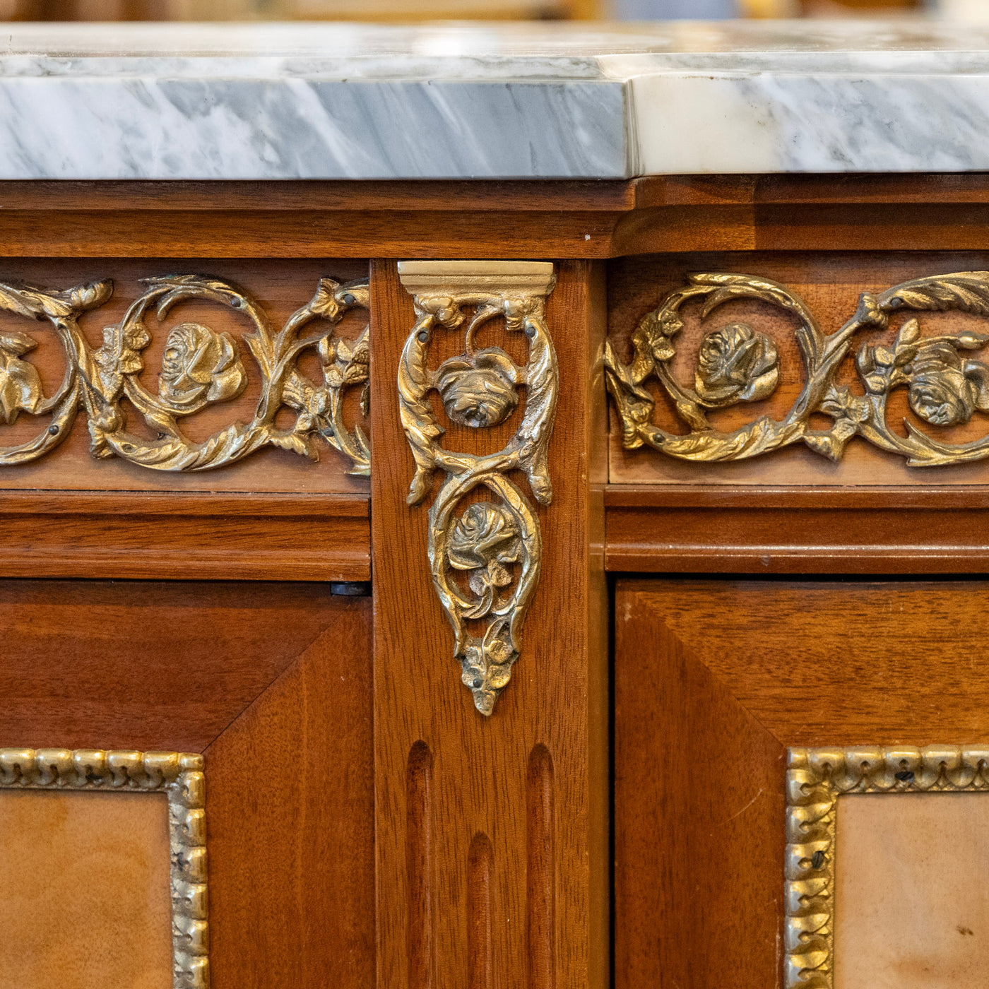 Louis XVI Mahogany Demilune Sideboard – Bronze Laurel Trim & White Marble Top