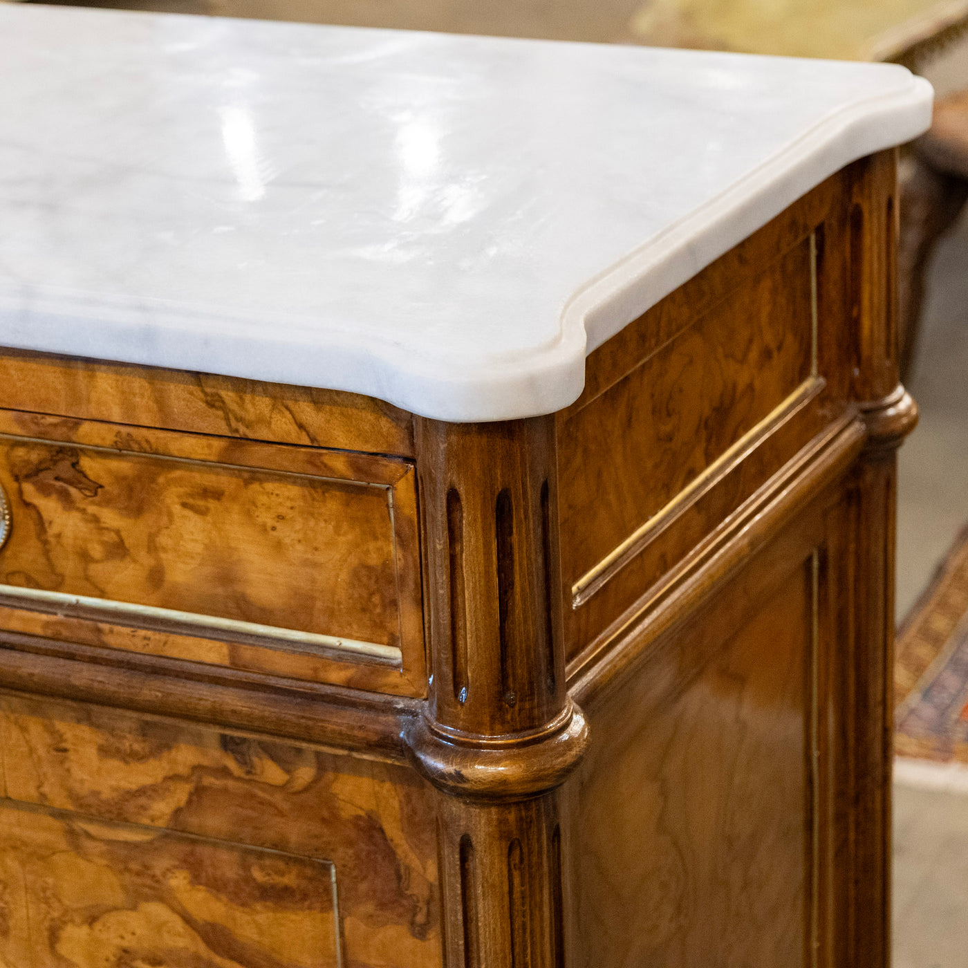 Louis XVI Burl Wood Sideboard with Brass Hardware & White Marble Top