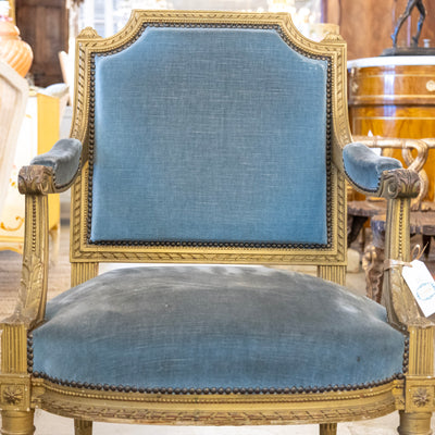 Louis XVI Captain Chair in Blue – Gilded Frame & Original Patina