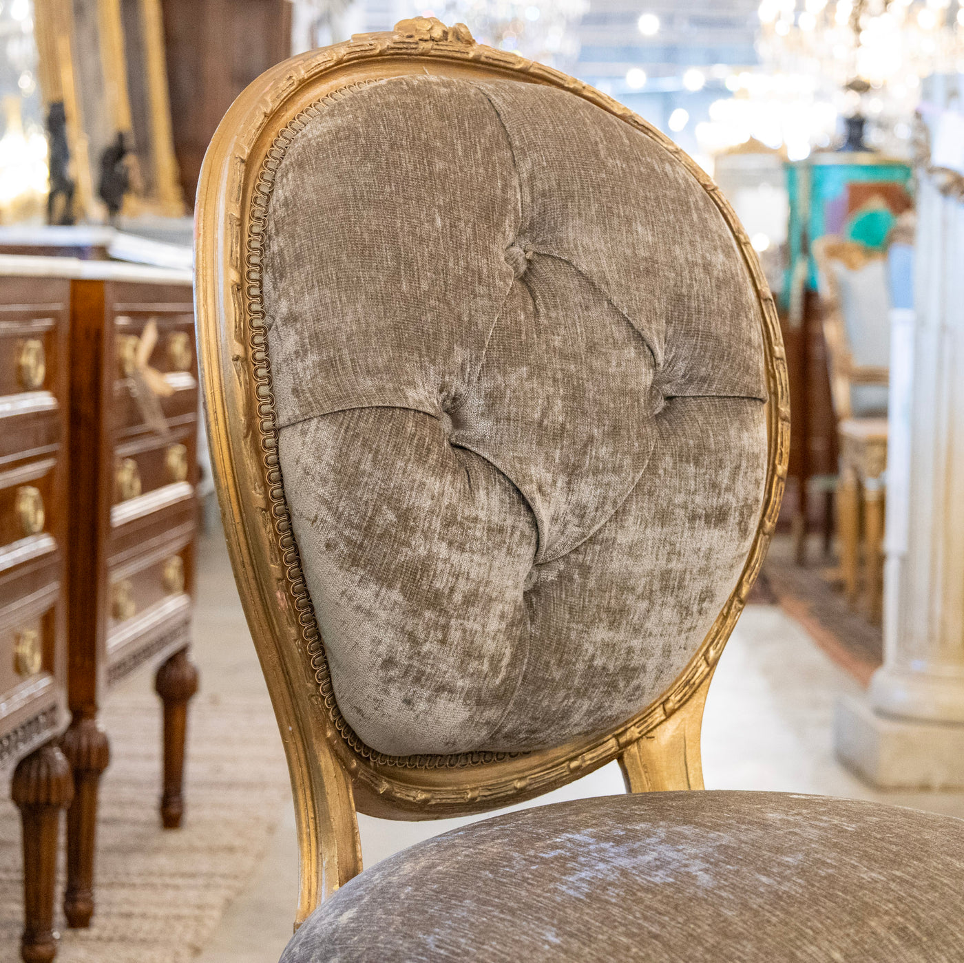 Louis XVI Round Dining Chair – Gold Frame & Green Velvet and Floral Upholstery