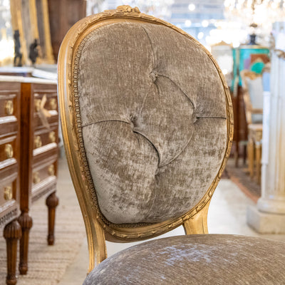 Louis XVI Round Dining Chair – Gold Frame & Green Velvet and Floral Upholstery