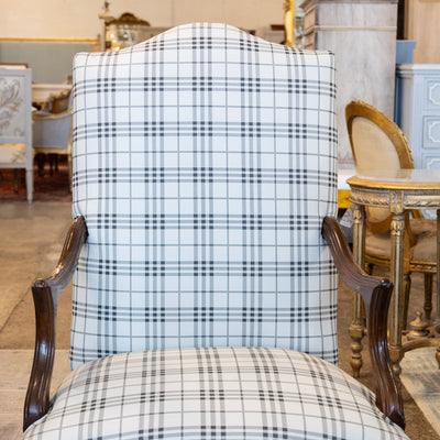 Louis XV Armchair – Walnut Frame & Black Plaid Upholstery