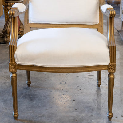 Louis XVI Armchair – Gilded Frame & White Linen Upholstery