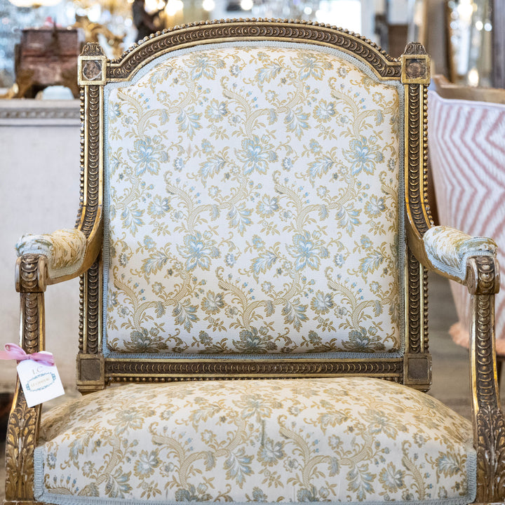 Louis XVI Armchair – Gilded Wood Frame & Blue Floral Upholstery in