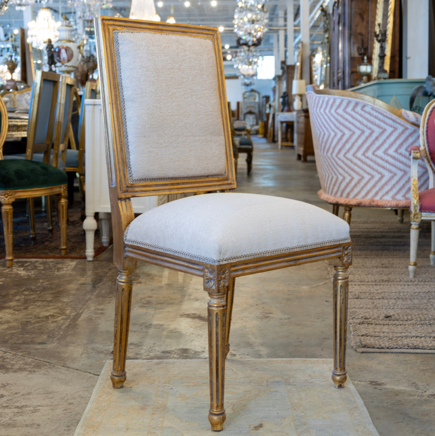 Louis XVI Square Dining Chair – Gilded Frame & White Linen Upholstery