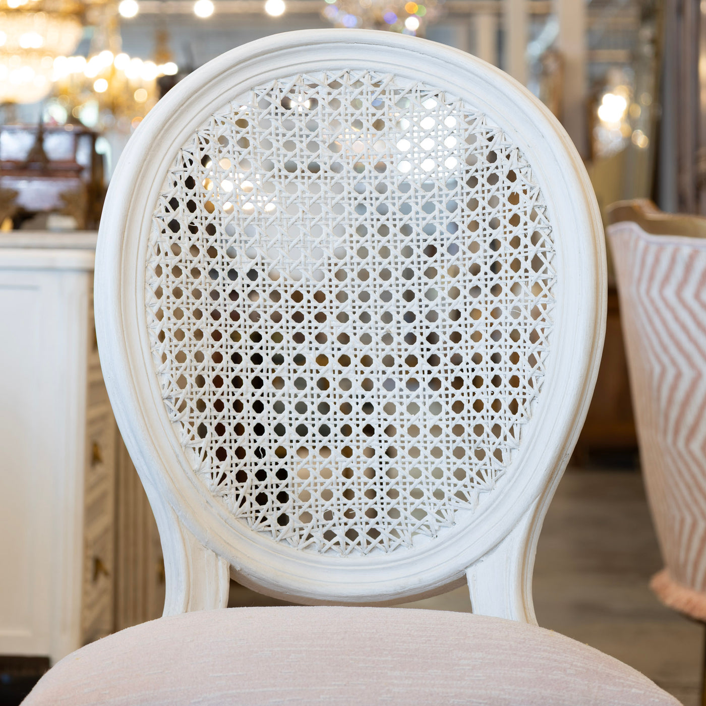 Louis XVI Dining Chair – Cane Back & Blush Pink Linen Upholstery