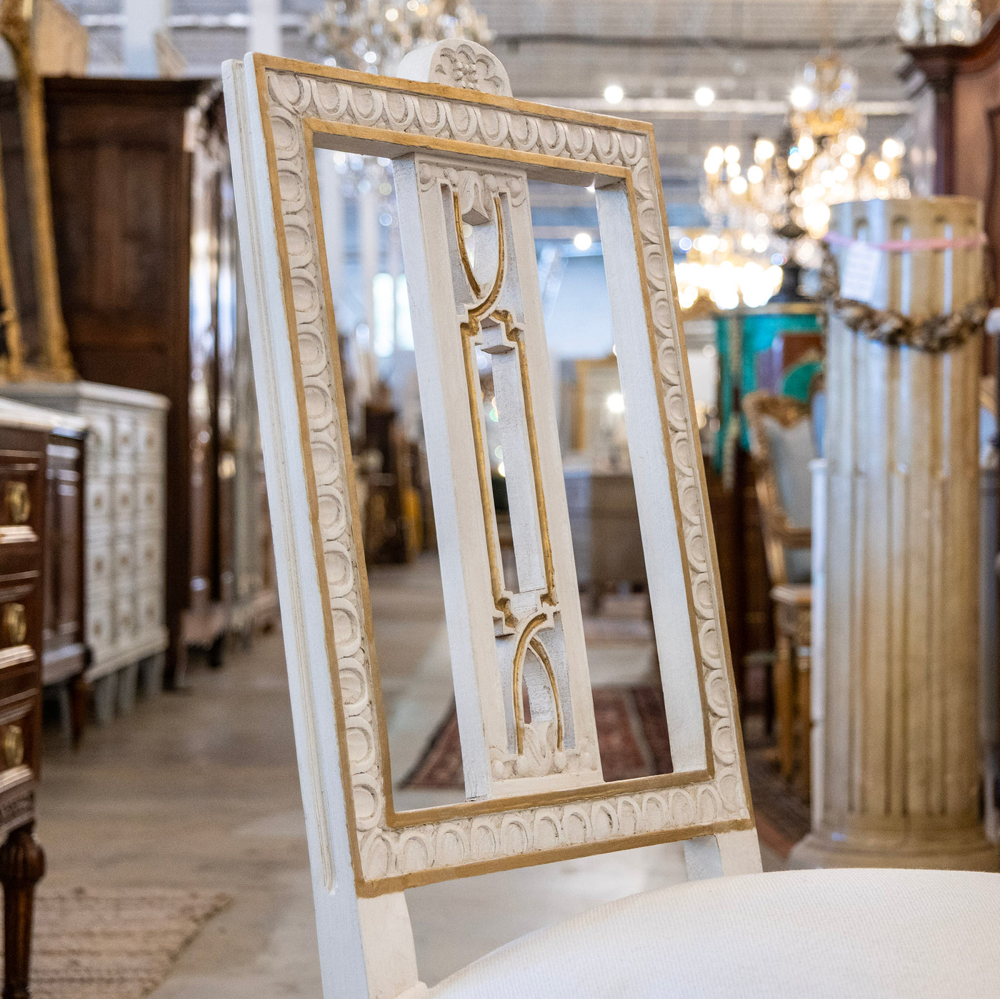 Swedish White & Gold Dining Chair – Carved Open Back & White Linen Upholstery