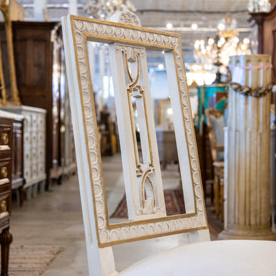 Swedish White & Gold Dining Chair – Carved Open Back & White Linen Upholstery