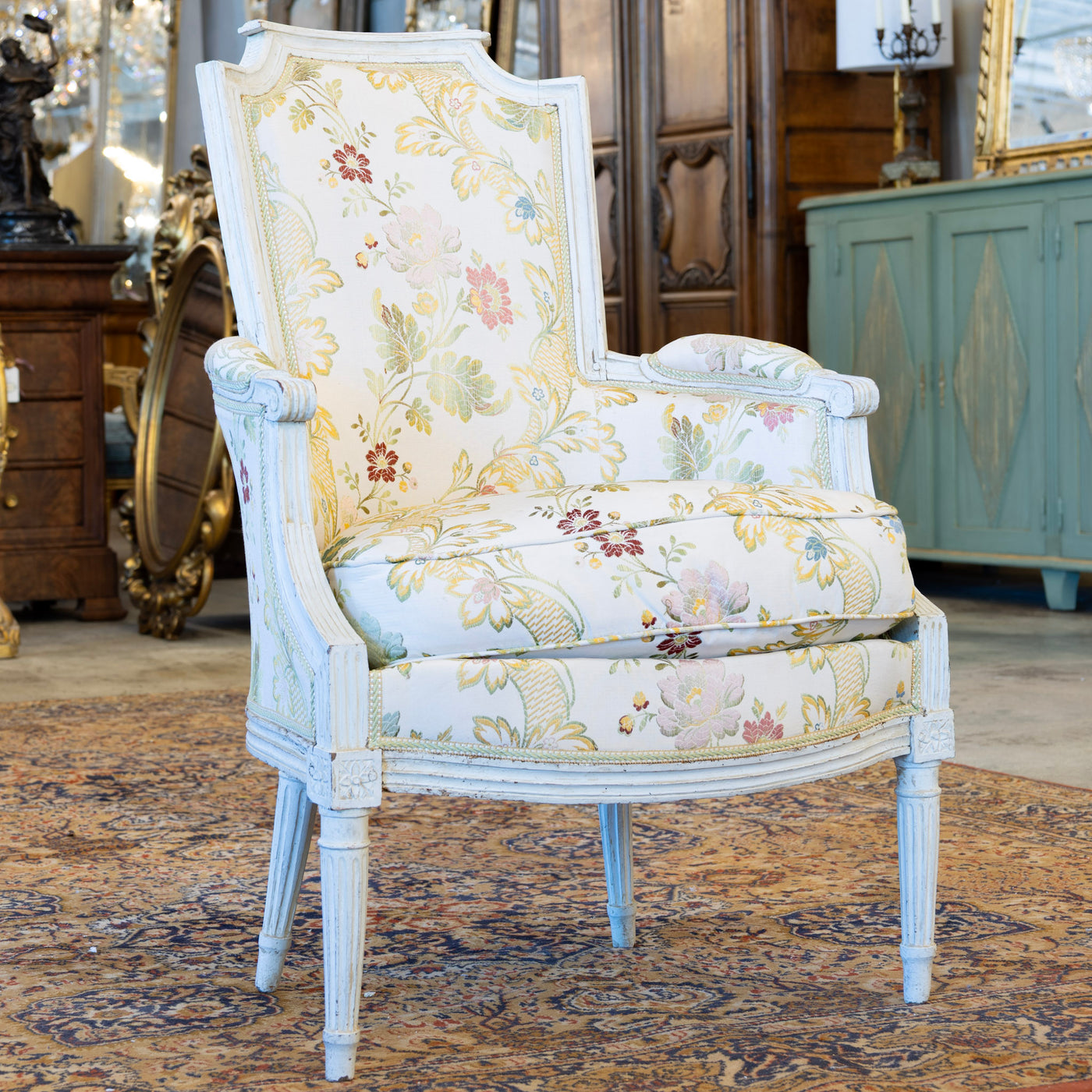 Pair of Louis XVI White Bergère Chair –Carved Frame & Original Floral Upholstery